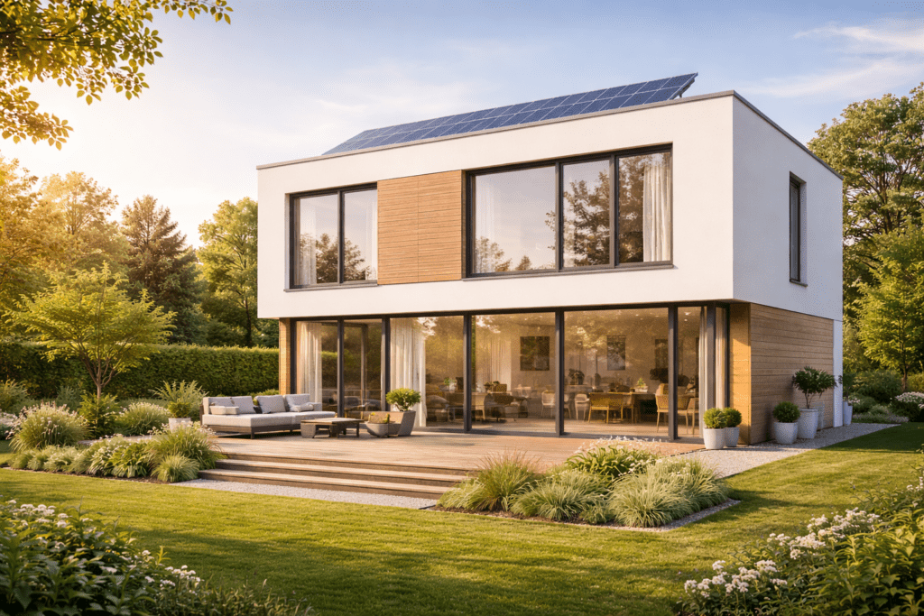 Modernes zweistöckiges Passivhaus mit weißen Wänden, Holzpaneelen, Dreifachverglasung und Solardach, Terrasse mit Sitzbereich, grüner Garten.
