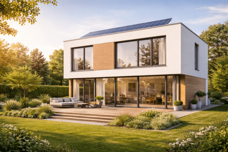 Modernes zweistöckiges Passivhaus mit weißen Wänden, Holzpaneelen, Dreifachverglasung und Solardach, Terrasse mit Sitzbereich, grüner Garten.