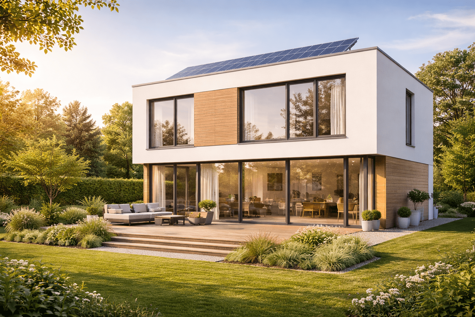 Modernes zweistöckiges Passivhaus mit weißen Wänden, Holzpaneelen, Dreifachverglasung und Solardach, Terrasse mit Sitzbereich, grüner Garten.