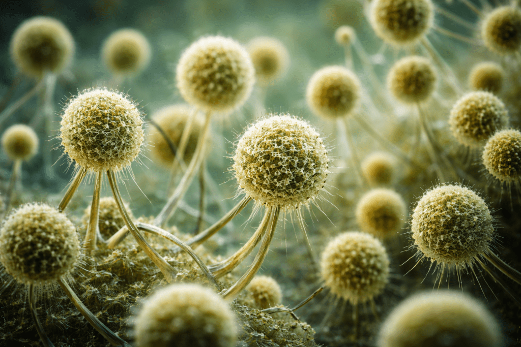 Mikroskopische Darstellung von Schimmelsporen mit faserartigen Hyphen – Ursache der Schimmelbildung in feuchten Innenräumen.