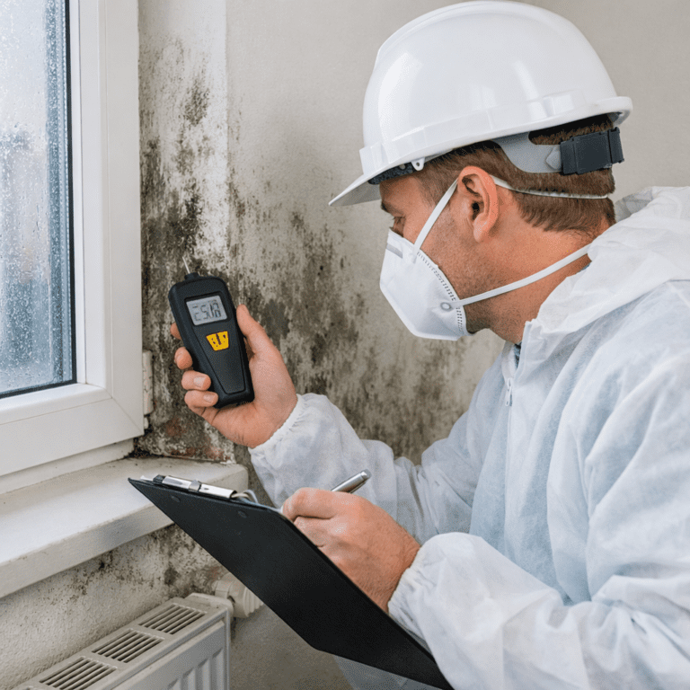 Sachverständiger erstellt Schimmelgutachten, misst Feuchtigkeit an einer schimmelbefallenen Wand in einer Wohnung.