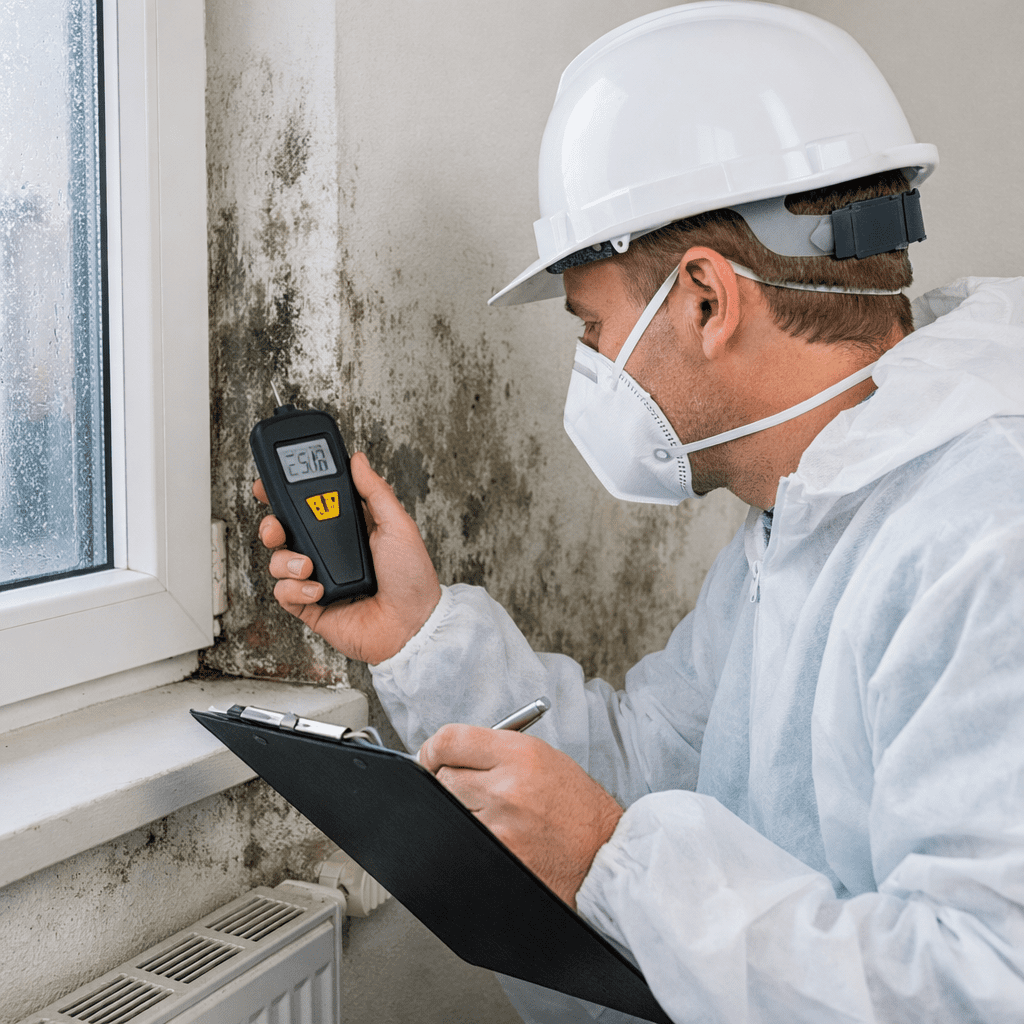 Sachverständiger erstellt Schimmelgutachten, misst Feuchtigkeit an einer schimmelbefallenen Wand in einer Wohnung.