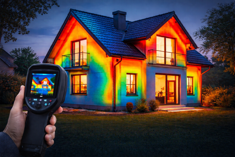 Was macht ein Energieberater – Wärmebildaufnahme zeigt Energieverluste an Dach und Fassade eines Hauses bei einer energetischen Analyse