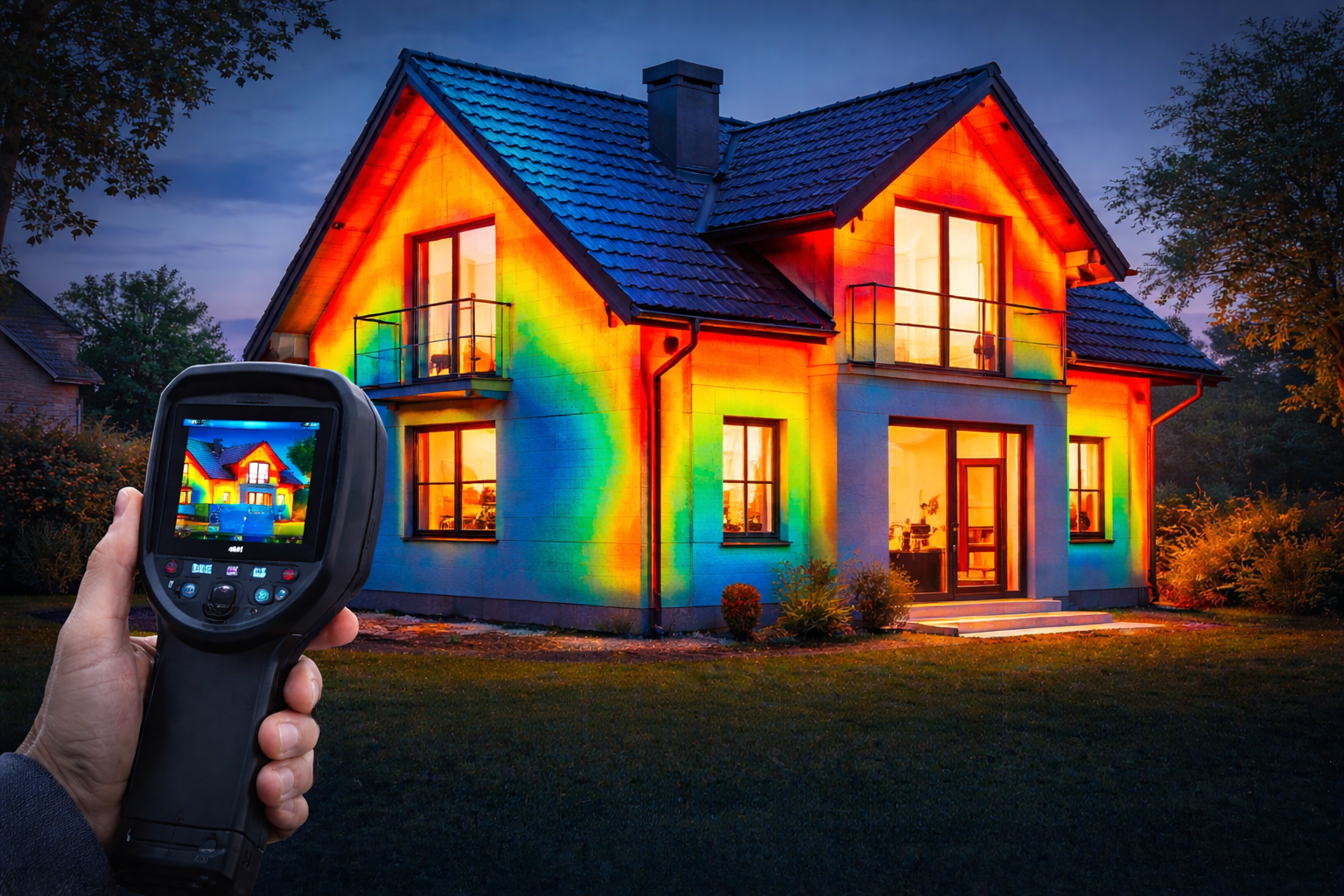 Was macht ein Energieberater – Wärmebildaufnahme zeigt Energieverluste an Dach und Fassade eines Hauses bei einer energetischen Analyse