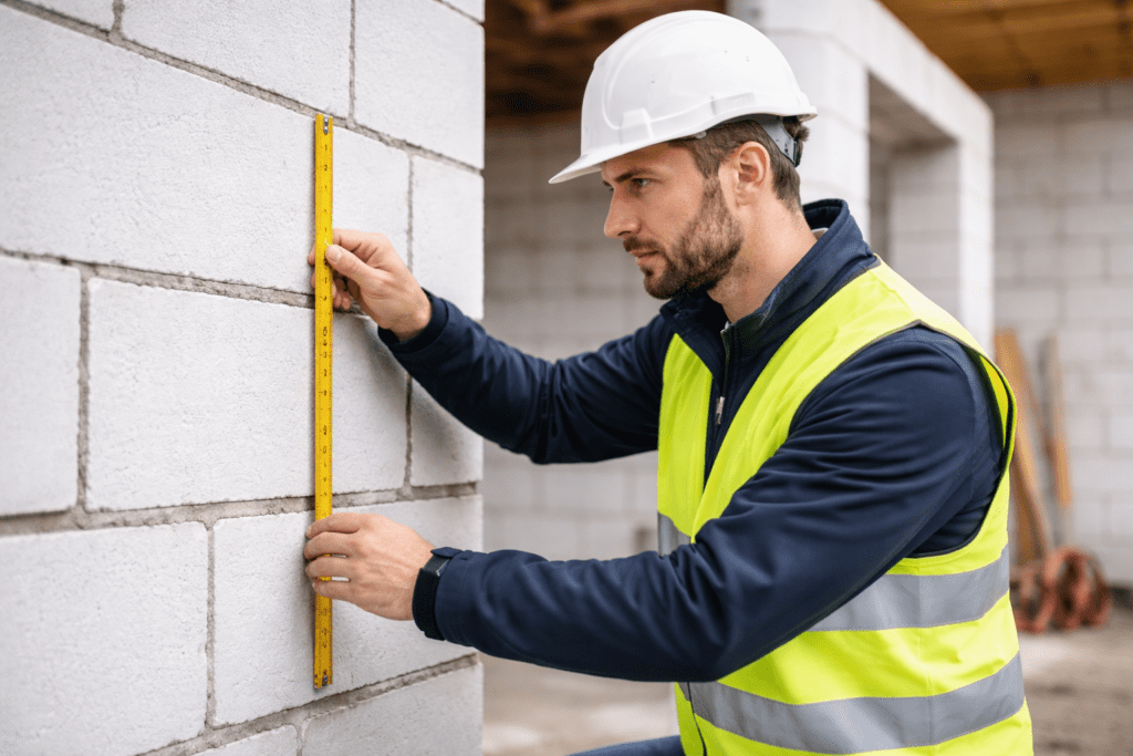 Fugen im Mauerwerk zulässig – Baukontrolle der Fugenbreite mit Zollstock bei einer Messung am Rohbau