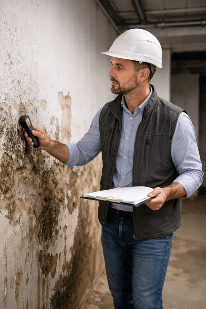 Baumängel Verjährung – Bausachverständiger prüft Feuchtigkeitsschaden im Keller mit Messgerät und dokumentiert Baumängel