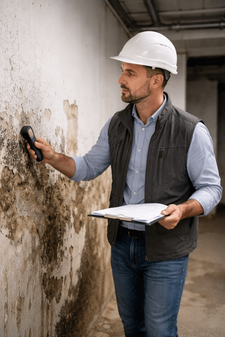 Baumängel Verjährung – Bausachverständiger prüft Feuchtigkeitsschaden im Keller mit Messgerät und dokumentiert Baumängel