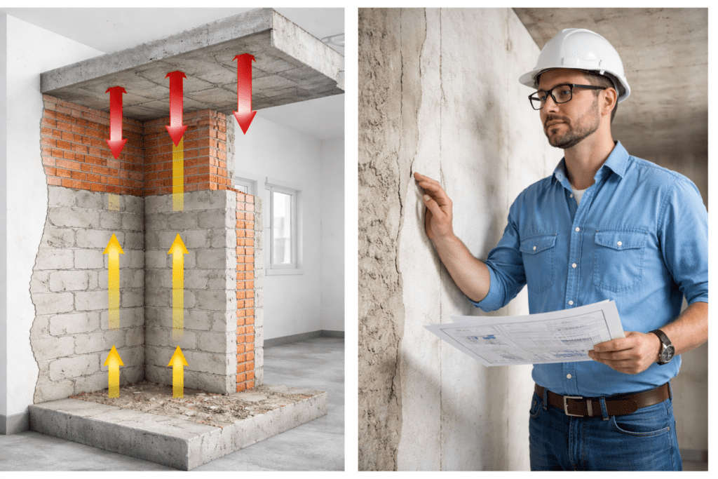 Tragende Wand erkennen – Schema zur Lastabtragung von der Decke über die Wand bis ins Fundament mit technischer Prüfung