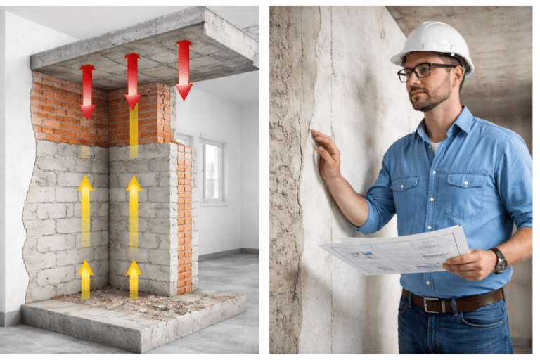 Tragende Wand erkennen – Schema zur Lastabtragung von der Decke über die Wand bis ins Fundament mit technischer Prüfung