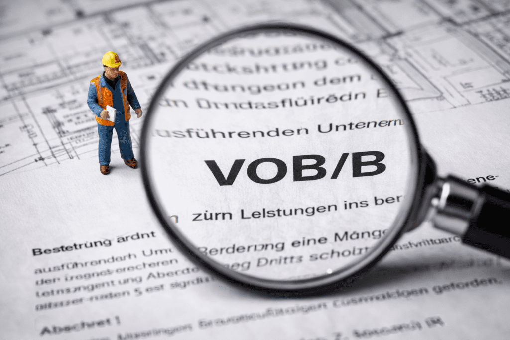 Keine fiktive Abnahme VOB/B – Detailansicht eines Bauvertrags mit Lupe zur Prüfung der Abnahmeregelungen