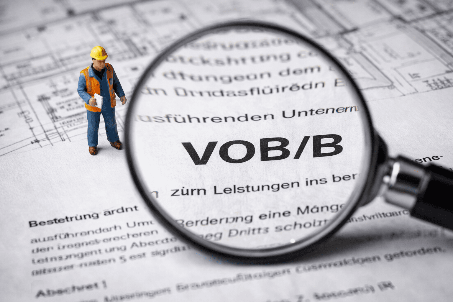 Keine fiktive Abnahme VOB/B – Detailansicht eines Bauvertrags mit Lupe zur Prüfung der Abnahmeregelungen