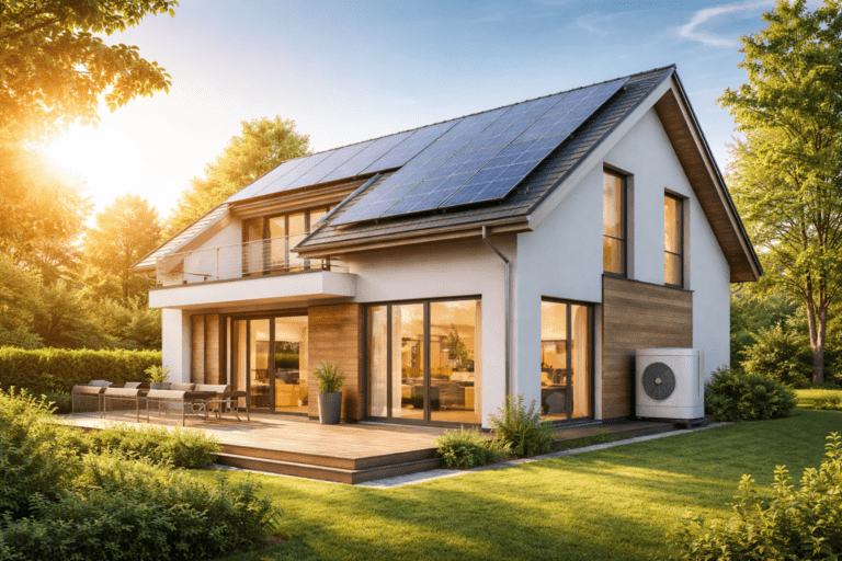 Energieeffizientes Einfamilienhaus mit Solaranlage und Wärmepumpe – Beispiel für KfW Kredit Förderung Neubau