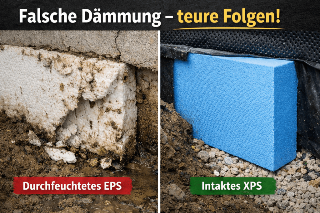 EPS oder XPS Unterschied bei Kellerdämmung: durchfeuchtetes EPS im Erdreich im Vergleich zu intakter XPS-Perimeterdämmung