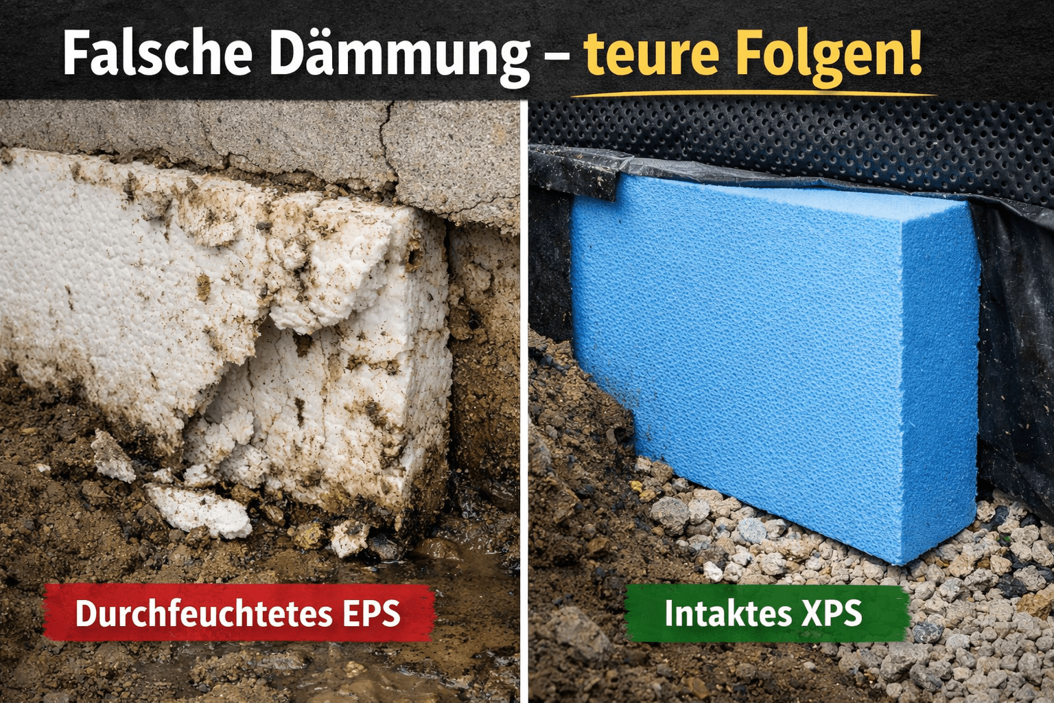 EPS oder XPS Unterschied bei Kellerdämmung: durchfeuchtetes EPS im Erdreich im Vergleich zu intakter XPS-Perimeterdämmung