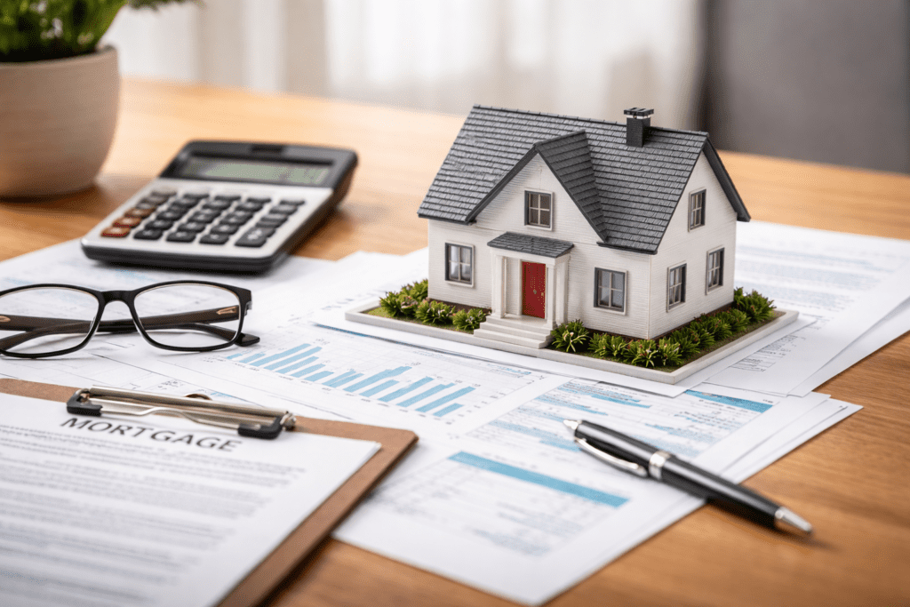 Modellhaus auf Schreibtisch mit Unterlagen, Taschenrechner und Stiften – symbolisiert die Vorbereitung einer Immobilien-Anschlussfinanzierung