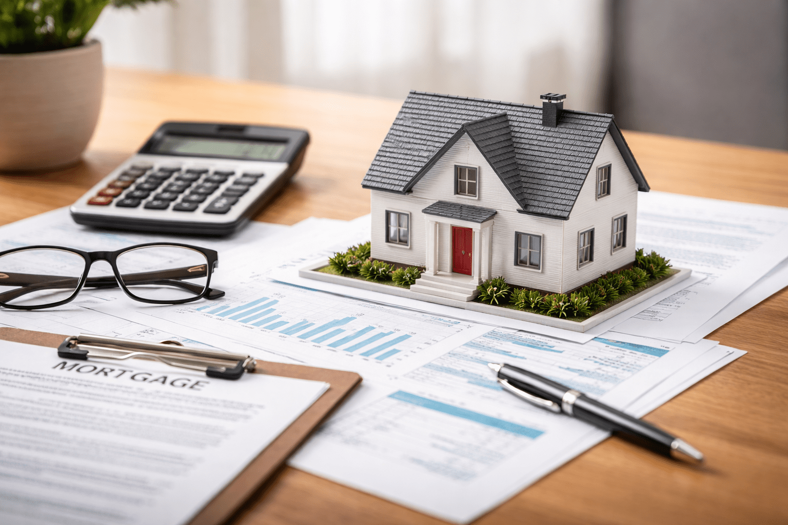 Modellhaus auf Schreibtisch mit Unterlagen, Taschenrechner und Stiften – symbolisiert die Vorbereitung einer Immobilien-Anschlussfinanzierung