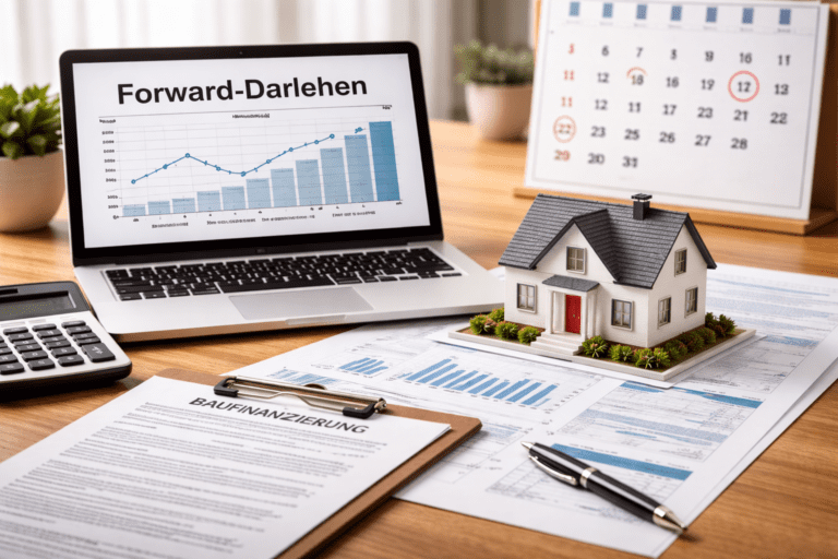 Laptop mit Diagrammen zu Forward-Darlehen, Modellhaus, Finanzunterlagen, Taschenrechner und Kalender auf einem Schreibtisch, symbolisiert die Planung einer Anschlussfinanzierung.