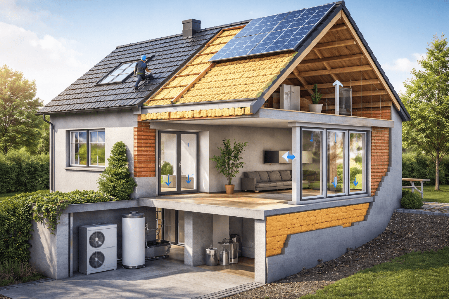 3D-Illustration eines Hauses mit energetischen Sanierungsmaßnahmen, darunter Dach- und Wanddämmung, Solarpaneele, Wärmepumpe und gedämmte Fenster – Beispiel für einen Individuellen Sanierungsfahrplan (iSFP).