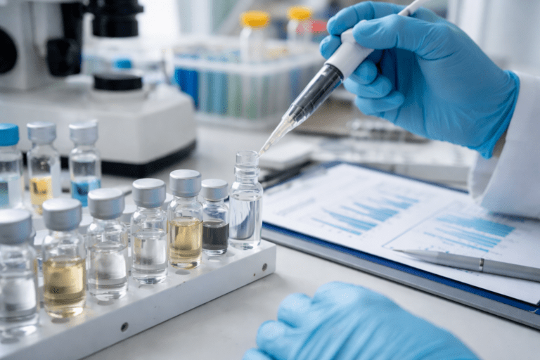 Forscherin pipettiert Proben in ein Labor, um chlorierte Verbindungen (Chloranisole) in Innenräumen und Baumaterialien zu analysieren.