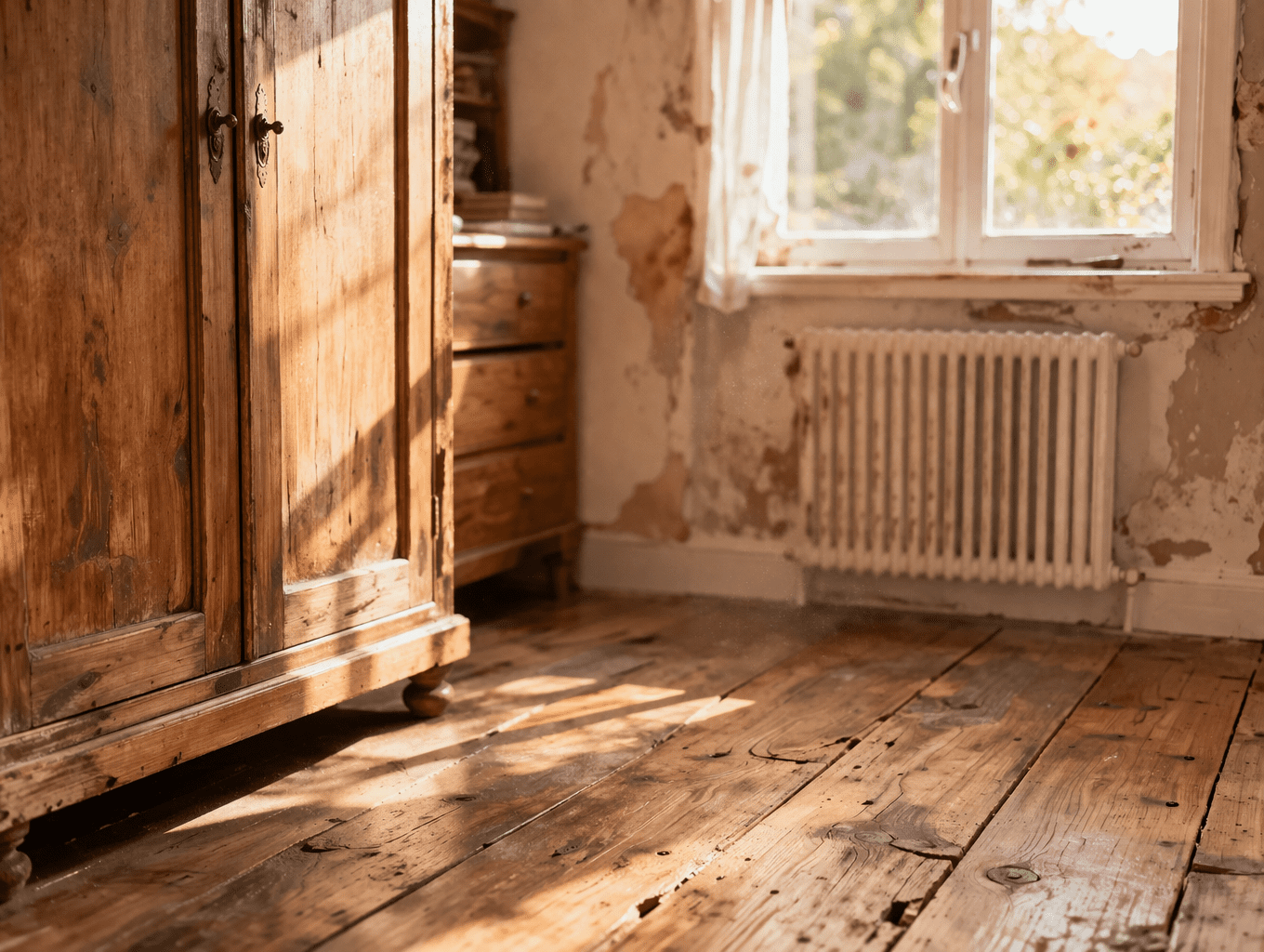 Alter Innenraum mit Holzfußboden und Möbeln als Beispiel für mögliche Lindan-Belastung in Gebäuden