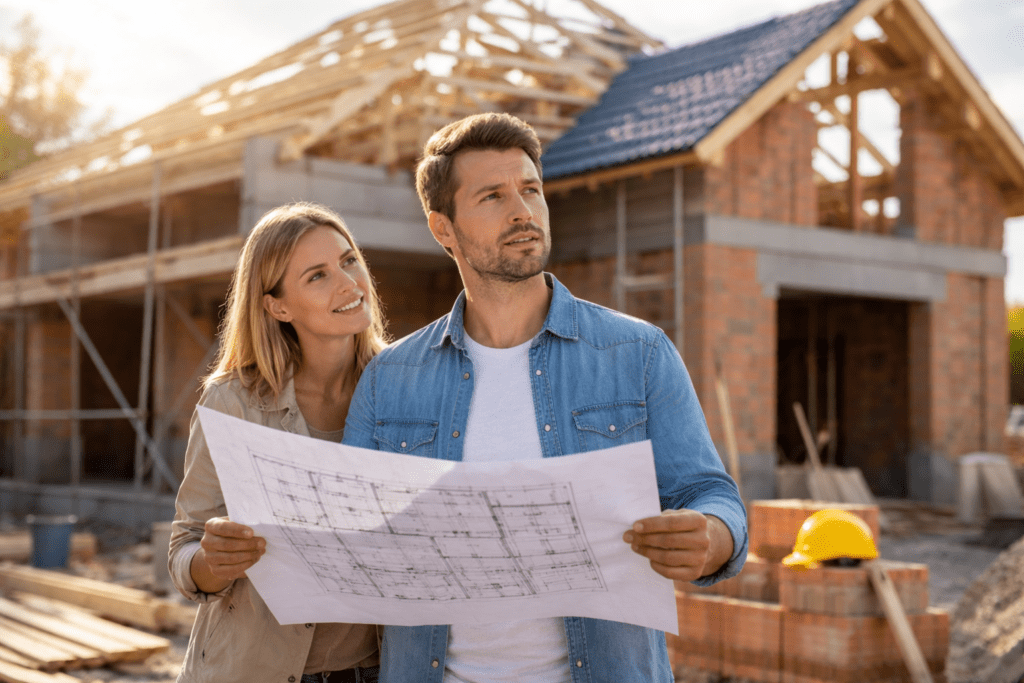 Hausbau Fehler vermeiden durch Planung auf der Baustelle mit Bauplan und Rohbau im Hintergrund