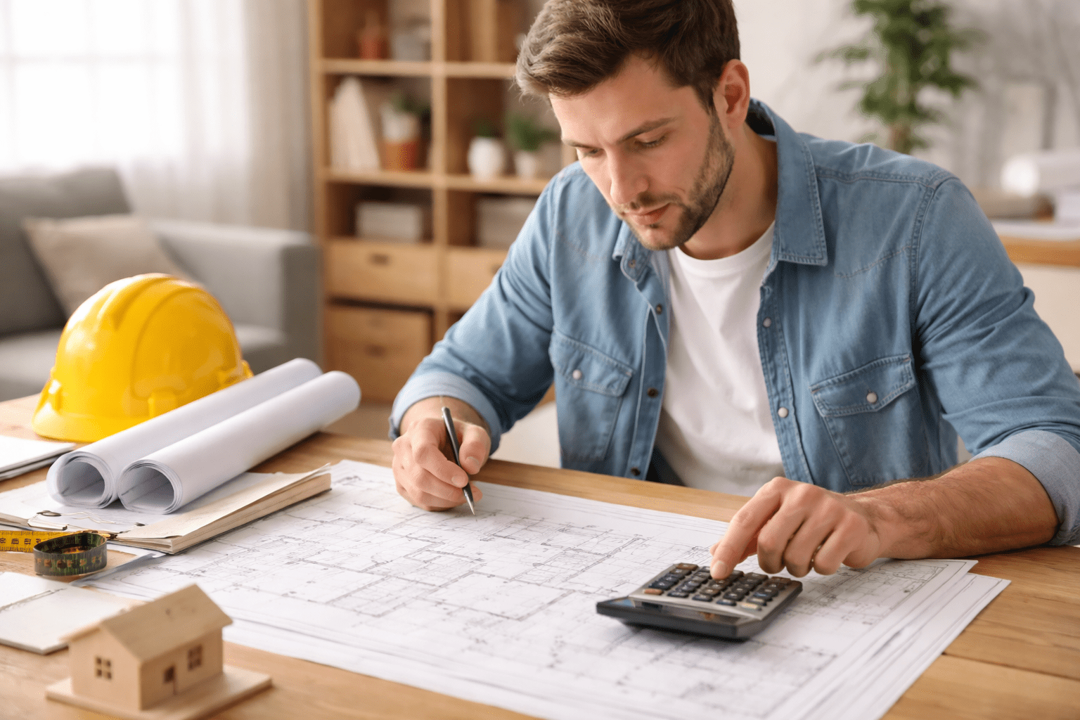 Bauherr berechnet Baunebenkosten beim Hausbau mit Bauplan und Taschenrechner