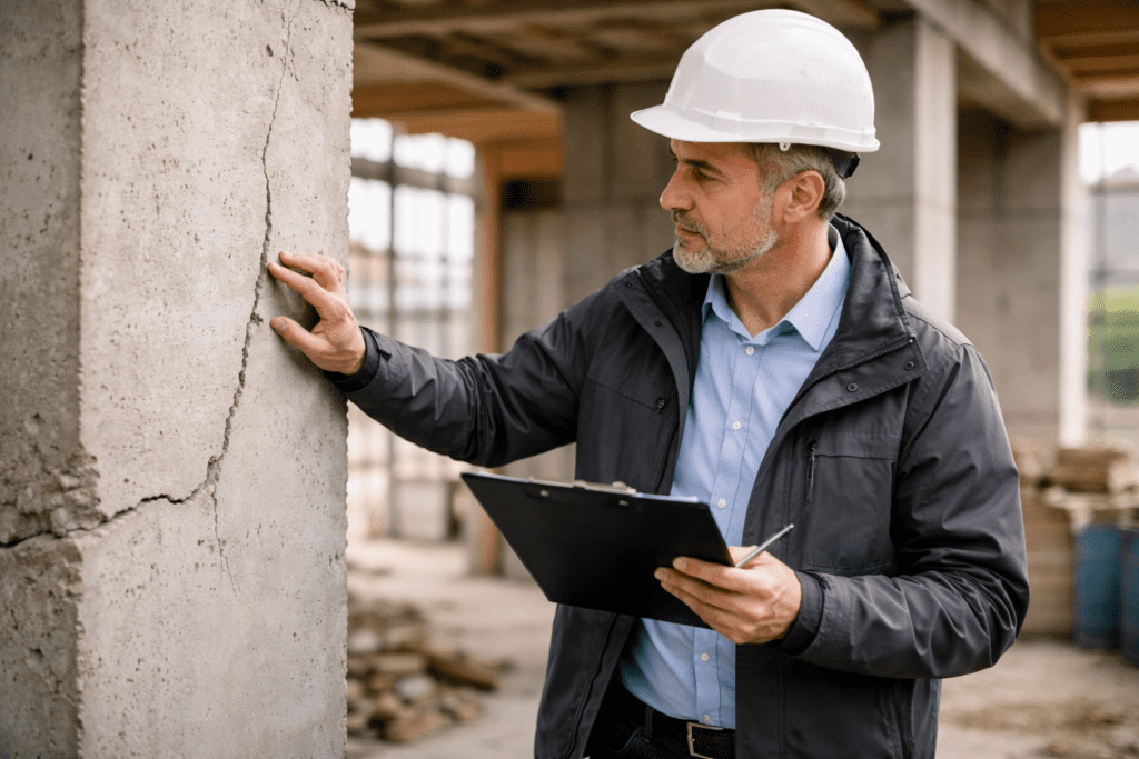 Bausachverständiger erstellt Gutachten bei Baumängeln auf einer Baustelle und prüft Riss in Betonwand