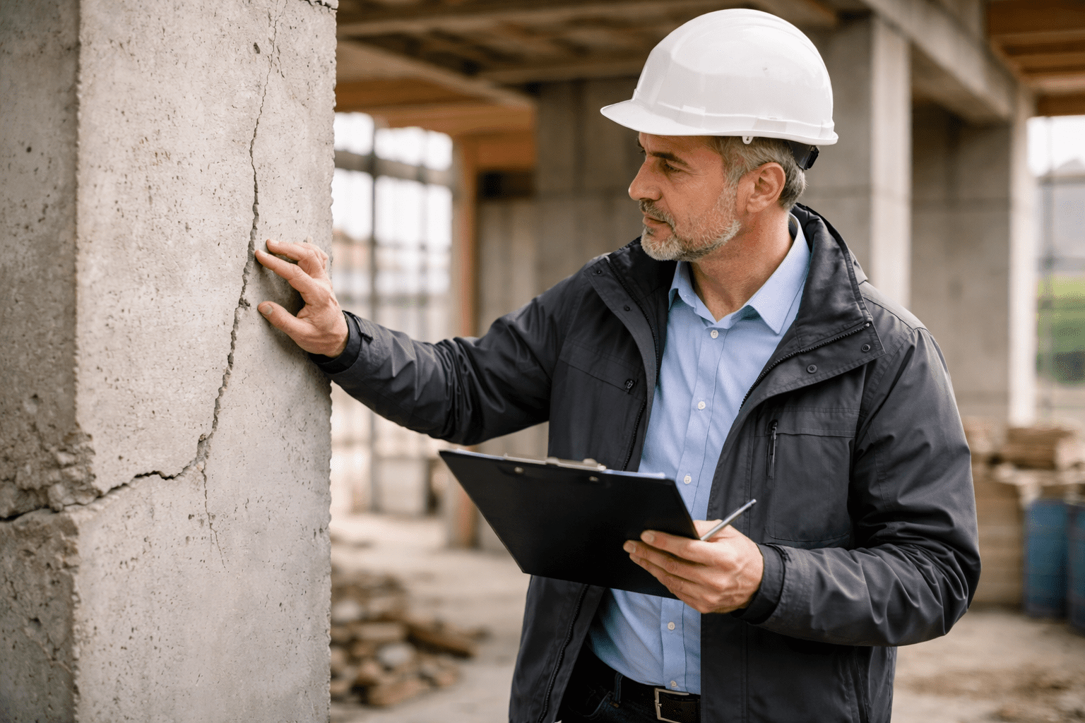 Bausachverständiger erstellt Gutachten bei Baumängeln auf einer Baustelle und prüft Riss in Betonwand