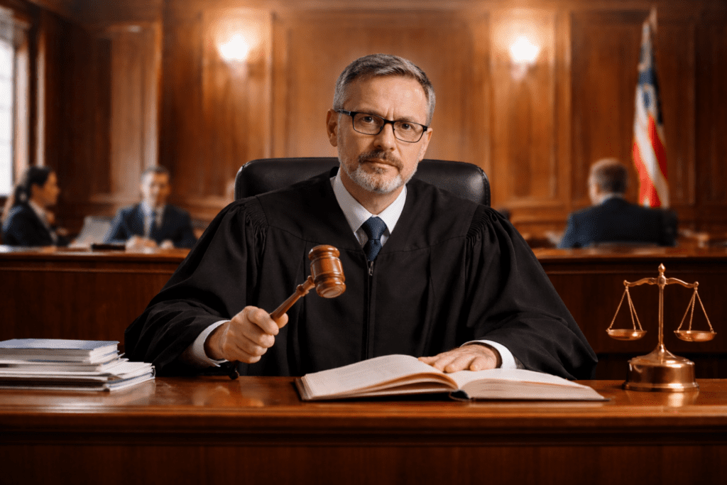 Richter im Gerichtssaal steht für Privatgutachten vs. Gerichtsgutachten bei Baumängeln und gerichtliche Bestellung eines Sachverständigen