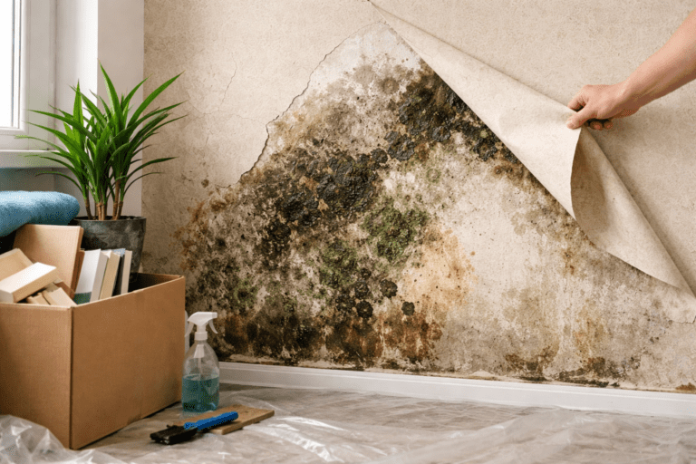 Versteckter Schimmel hinter Tapete als Beispiel für Baumängel beim Hauskauf in einem Wohnraum
