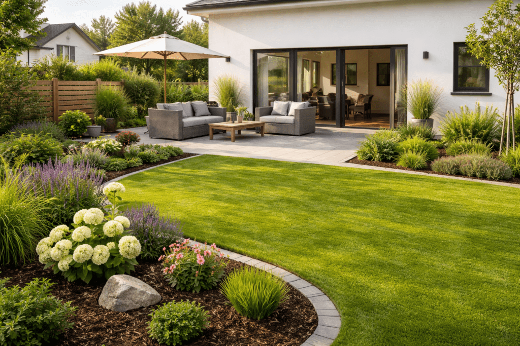 Gartengestaltung beim Neubau mit Terrasse, Rasen und bepflanzten Beeten als grüner Wohnraum