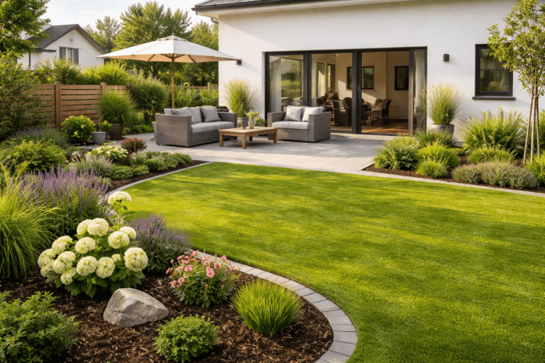 Gartengestaltung beim Neubau mit Terrasse, Rasen und bepflanzten Beeten als grüner Wohnraum