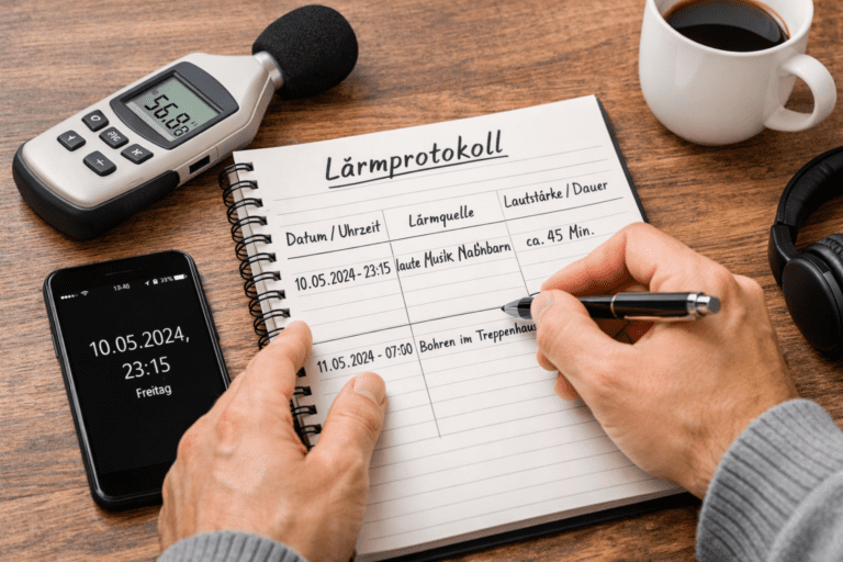 Person dokumentiert ein Lärmprotokoll als Nachweis für eine Mietminderung bei Lärmbelästigung mit Schallmessgerät und Smartphone auf dem Tisch