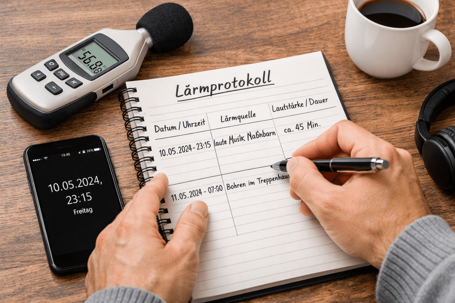 Person dokumentiert ein Lärmprotokoll als Nachweis für eine Mietminderung bei Lärmbelästigung mit Schallmessgerät und Smartphone auf dem Tisch