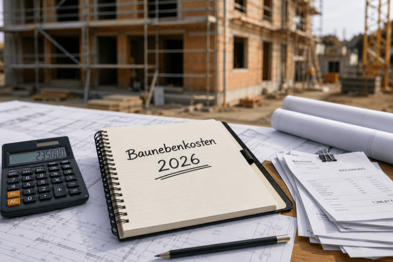Baunebenkosten beim Hausbau 2026: Notizbuch mit Kostenaufstellung, Taschenrechner und Bauplan auf einem Schreibtisch, im Hintergrund eine Baustelle
