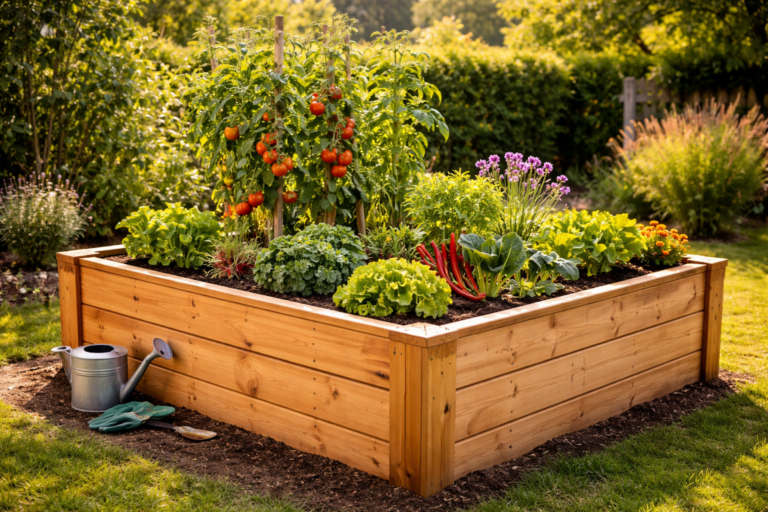 Hochbeet aus Lärchenholz mit Gemüse im Garten als Beispiel für Hochbeet bauen
