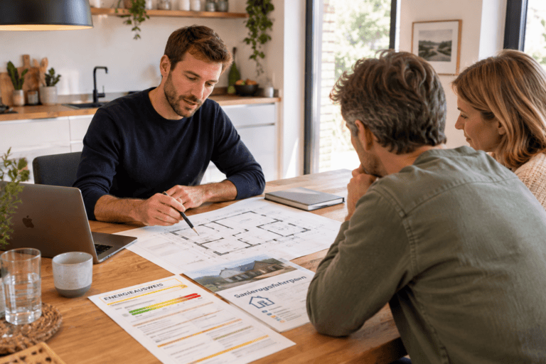Energieberater bespricht einen individuellen Sanierungsfahrplan (iSFP) mit einem Hauseigentümer am Küchentisch anhand von Grundriss und Energieausweis.