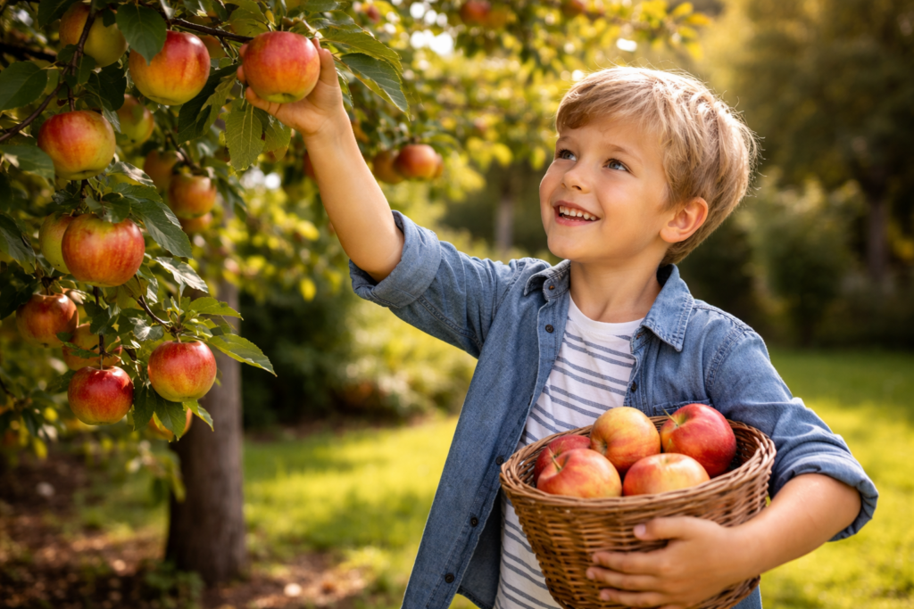 Kind pflückt Äpfel von Obstbaum im Garten als Beispiel für Obstbäume im Garten und eigene Ernte