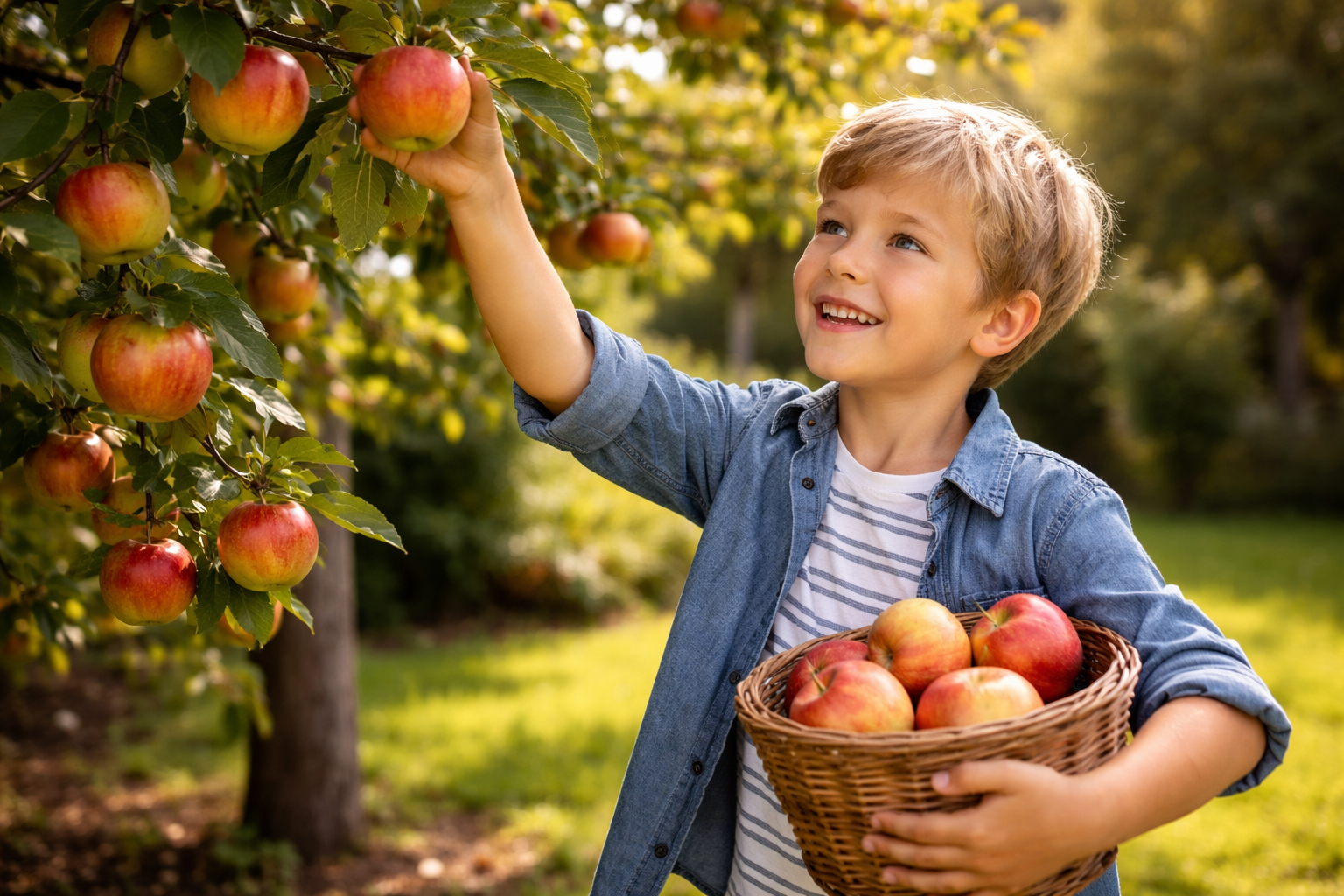 Kind pflückt Äpfel von Obstbaum im Garten als Beispiel für Obstbäume im Garten und eigene Ernte