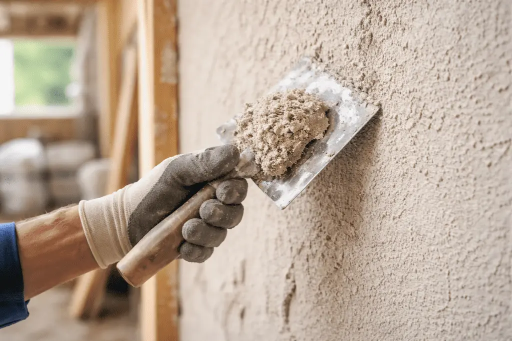 Nahaufnahme eines Handwerkers, der HANFKALK auf eine Wand aufträgt – ökologischer Baustoff für nachhaltiges Bauen und gesunde Raumluft.