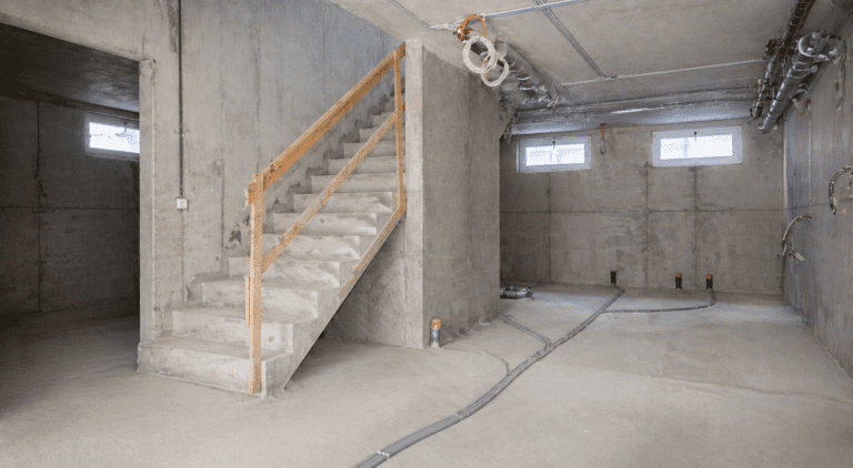Keller bauen – heller Rohbaukeller mit Betonwänden, sichtbaren Leitungen und Treppe im Neubau ohne Ausbau