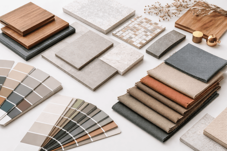 Was macht ein Innenarchitekt: Holz-, Fliesen-, Farb- und Stoffmuster auf einem hellen Tisch für die Material- und Raumgestaltung