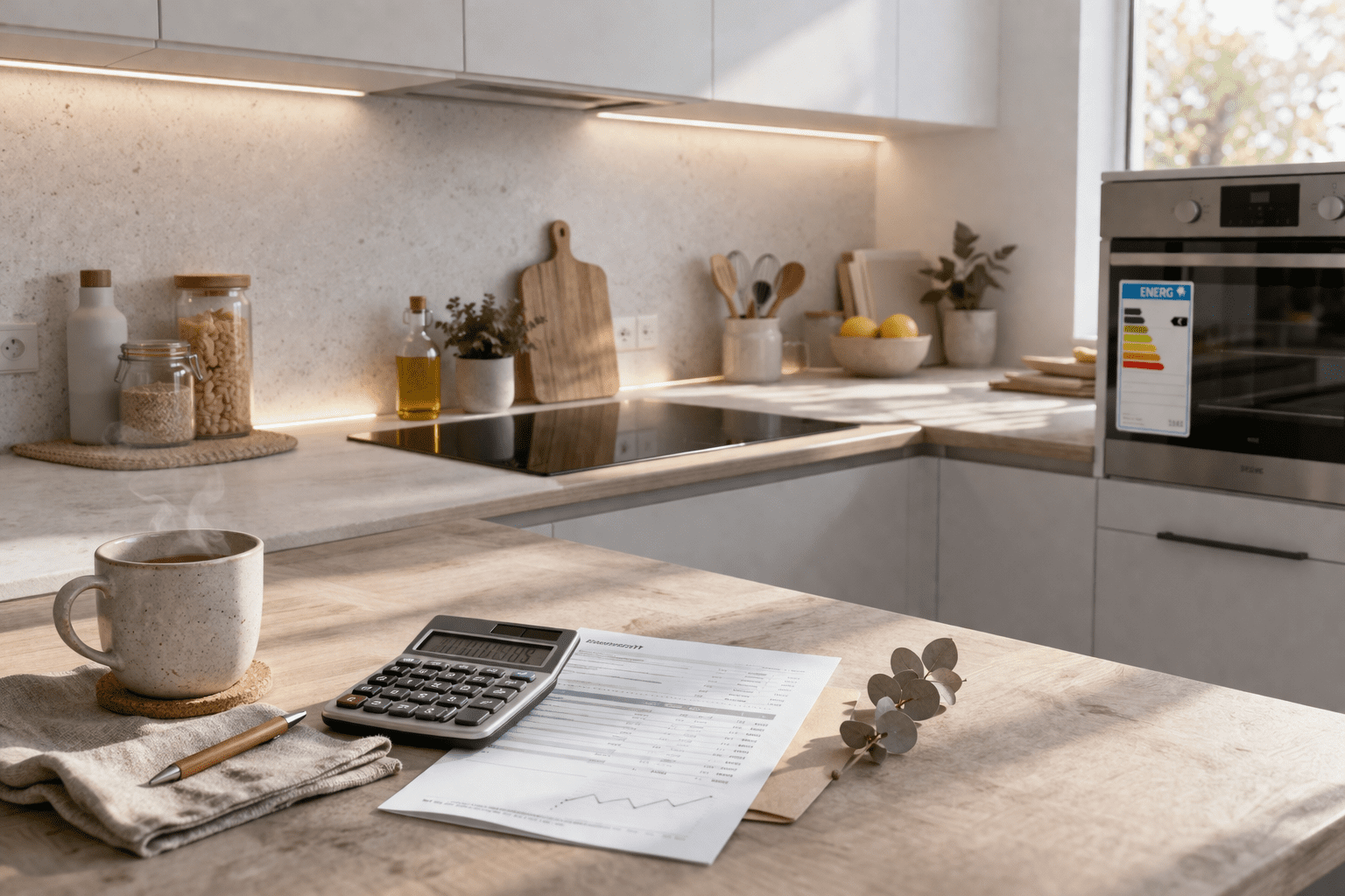 Strom sparen im Haushalt – moderne Küche mit energieeffizienten Geräten, LED-Beleuchtung und Stromrechnung auf dem Tisch