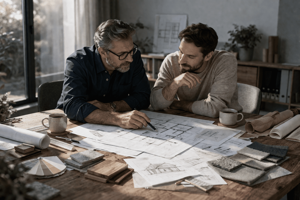 Architekt und Bauherr planen gemeinsam am Tisch mit Grundrissen und Materialproben beim Hausbau