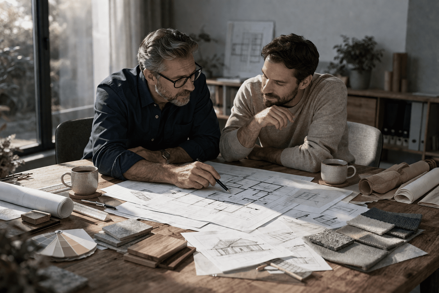 Architekt und Bauherr planen gemeinsam am Tisch mit Grundrissen und Materialproben beim Hausbau