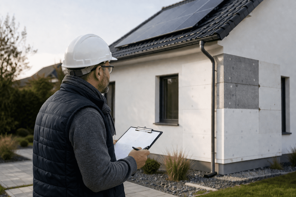 Energieberater begutachtet Einfamilienhaus von außen und prüft Dämmung sowie Solaranlage