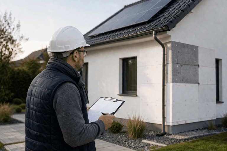 Energieberater begutachtet Einfamilienhaus von außen und prüft Dämmung sowie Solaranlage