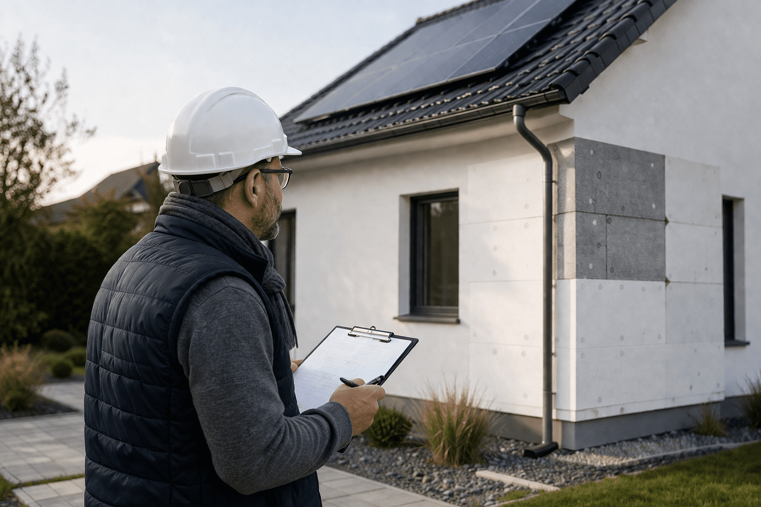 Energieberater begutachtet Einfamilienhaus von außen und prüft Dämmung sowie Solaranlage