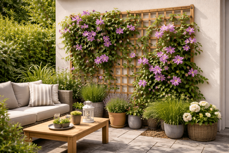Rankgitter mit Clematis als Sichtschutz für die Terrasse an der Hauswand