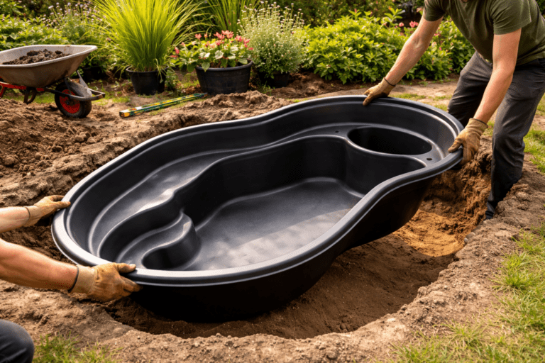 Fertigteich aus GFK wird in Gartengrube eingesetzt als Beispiel für Teichfolie vs Fertigteich